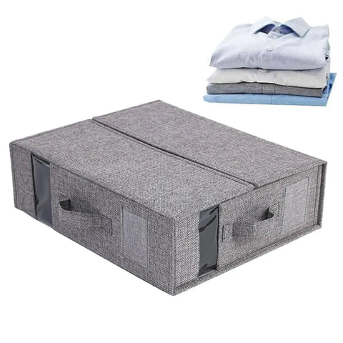 Heavy Duty Linen Bed Sheet Storage Organizer For Closet With Folded Blanket Pockets And Oversized Comforter Rack To Keep Your Sheets Slick And Ditch The Daily Rummaging in gray with clear panels.