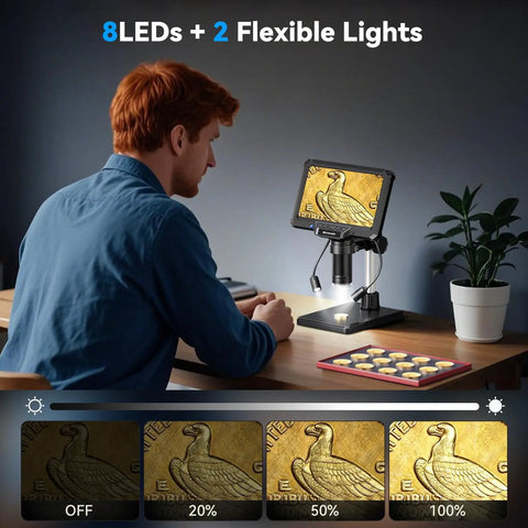 7 Inch LCD Digital Soldering Microscope With Remote And Side Lights High Clearance Stand For DIYers And Tweezers Access 1080P Live View For Precise Microsoldering On Tiny PCBs, 8 LEDs, 2 flexible lights