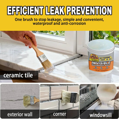 Heavy Duty Waterproof Sealant For Flat Metal Roof Gutters And Foundations That Kicks Leaks To The Curb and Rocks clear liquid being applied on ceramic tile.