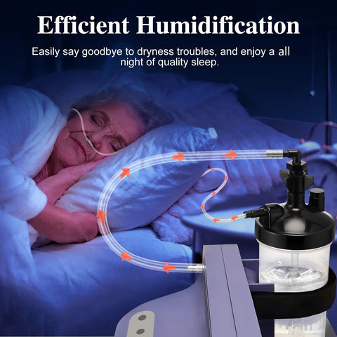 Elderly woman using Two Pack Oxygen Humidifier Bottle With 6 LPM Flow And 12 Inch Adapter Tubing for comfortable sleep