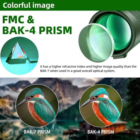 12X 60mm Monocular with Phone Adapter, Tripod and Strap for Bird Watching, Hiking, Concerts, Sports, Travel and Grab and Go Scenic Views, BAK4 Prism for Clear HD Imaging, Lightweight Night Vision Friendly, All Purpose Monocular showing BAK-4 prism lens and bird view comparison