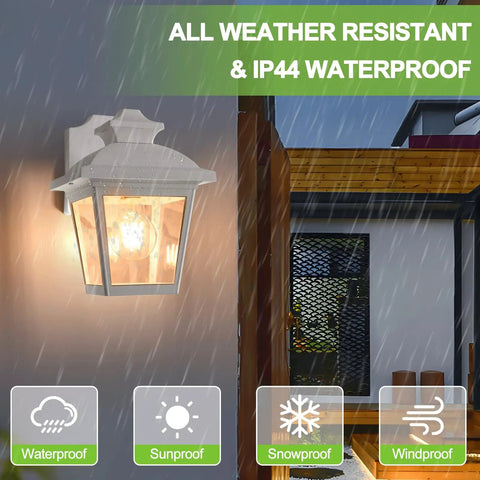 Outdoor Wall Lantern No Fuss Waterproof Porch Light For Front Door Garage And Patio With Anti Corrosion Plastic Build And Clear Acrylic Panels White Finish Bulb Included Sconce Fixture shown in rain illustrating weather resistance.