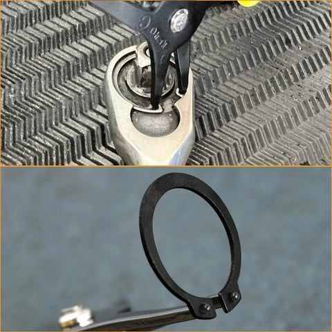 2 In 1 Snap Ring Pliers for Internal and External Circlips removing a retaining ring from a tool, close-up view.