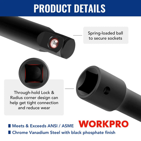 Detailed view of Pro-Grade 18-Piece Impact Socket Extension Set with spring-loaded ball and lock design for secure connection.