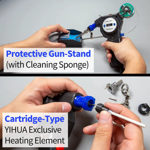 Industrial Automatic Soldering Gun Kit With Digital Display and wire feed, shown with cleaning stand and heating element.