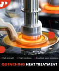 Close-up of metal part undergoing quenching heat treatment process with high strength, hardness, and wear resistance properties