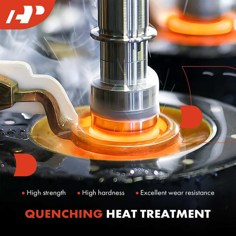 Close-up of metal part undergoing quenching heat treatment process with high strength, hardness, and wear resistance properties