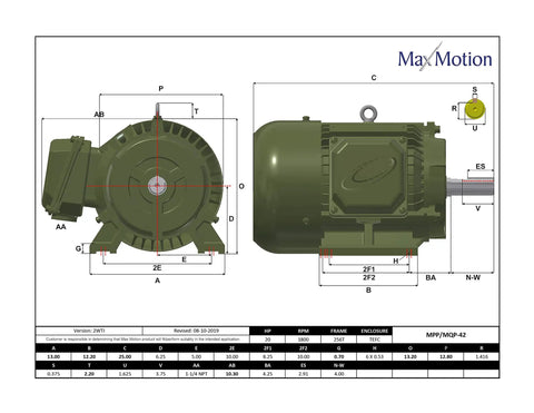Beefy General Purpose Electric Motor 20HP 1800RPM 575V 3Phase TEFC NEMA 256T Cast Iron Premium For Pumps, Compressors, Conveyors, Fans In Wet Dirty Environments IP55 Class F 1.25 Service Factor dimensional drawing