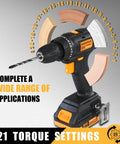 Your Go To Cordless Brushless Drill Kit 20V With 2Ah Battery And Charger displaying torque settings and drill bit