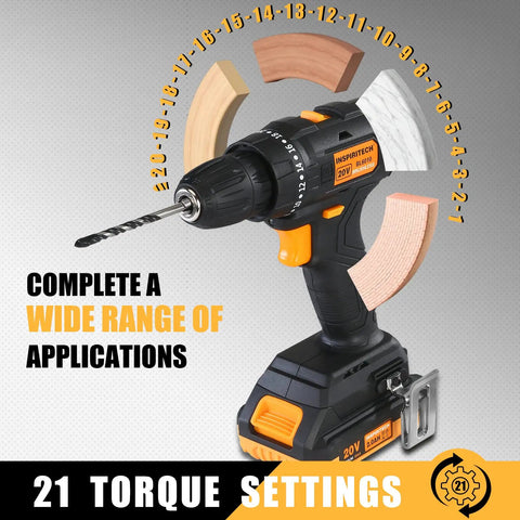 Your Go To Cordless Brushless Drill Kit 20V With 2Ah Battery And Charger displaying torque settings and drill bit