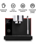 Premium Home Espresso Machine Featuring Smart Pressure Profiling And Instant Shot Feedback For Consistent Pulses And Expert Temp Control, front view with milk frother.