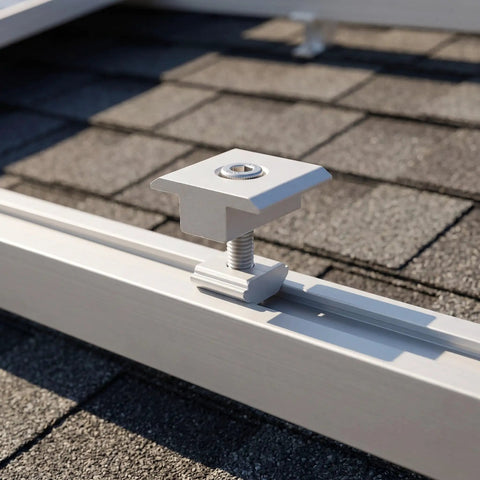 Premium Aluminum Solar Panel Mid Clamp Bracket For Roof Mount No Drill Setup No Sweat Slide Nut Design Bulletproof Hold For Single And Double Glass Photovoltaic Arrays 8 Piece Set close-up of clamp securing solar panel on roofing