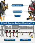 Power Tool Organizer Wall Mount With Built In Charging Station, 8 Outlet Power Strip, 3 USB PD Ports, 6 Ft Cord, Heavy Duty Storage Rack, 8 Drill Holders, Battery Shelf, Garage Organization System displaying drill bit storage, hooks, and drill holders.