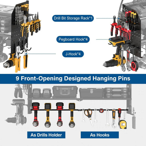 Power Tool Organizer Wall Mount With Built In Charging Station, 8 Outlet Power Strip, 3 USB PD Ports, 6 Ft Cord, Heavy Duty Storage Rack, 8 Drill Holders, Battery Shelf, Garage Organization System displaying drill bit storage, hooks, and drill holders.