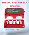 Heavy Duty 300A Bus Bar For Rock Solid 12V Power Distribution With Four M8 Studs waterproof junction block, red nylon body, and copper terminals.