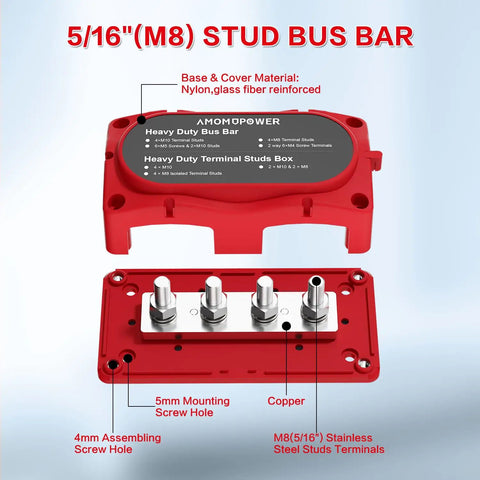 Heavy Duty 300A Bus Bar For Rock Solid 12V Power Distribution With Four M8 Studs waterproof junction block, red nylon body, and copper terminals.