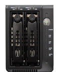 No Fuss Rock Solid Dual Bay External Storage Enclosure showing dual trays and status indicators for USB and eSATA connections.