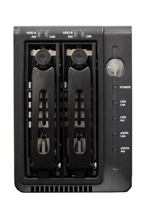 No Fuss Rock Solid Dual Bay External Storage Enclosure showing dual trays and status indicators for USB and eSATA connections.