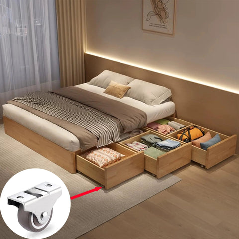 8 Pack 1 Inch Low Profile Rigid Non Swivel Caster Wheels With Metal Top Plate Rubber For Furniture And Cabinets Brown Each Wheel Supports Up To 18 Lbs 25mm Diameter 13mm Wide Top Plate 42x20.5mm With 4mm Mounting Holes, shown on storage drawers under bed