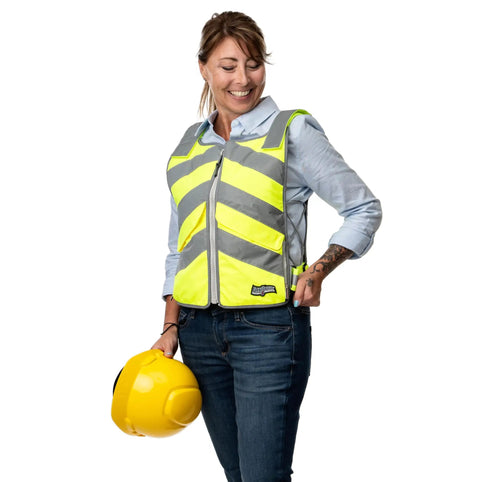 Woman wearing Professional Ice Vest Cooling System With 96 Pure Water Ice Cubes, Hi Vis Yellow Gear