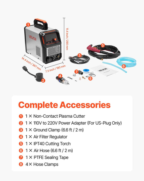 65A Plasma Cutter With Non Touch Pilot Arc 2T 4T Modes Adjustable Pilot Time Dual Voltage 110V 220V Digital Display Inverter IGBT Technology Easy Clean Cuts For Steel Aluminum Copper For DIY Pros with accessories including torch and cables
