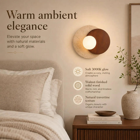 Travertine Wall Sconce Hardwired Glass Globe Wood Modern Japandi Wabi Sabi with walnut and travertine textures