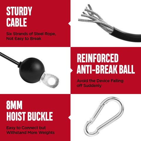 Beast Mode Heavy Duty Cable Pulley System for Home Gym components: six-strand steel rope, anti-break ball, and 8mm hoist buckle.