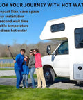 Road Ready 55000 BTU Propane Tankless Water Heater For Camper Delivers Instant Hot Showers Zero Wait Time near a RV with family.