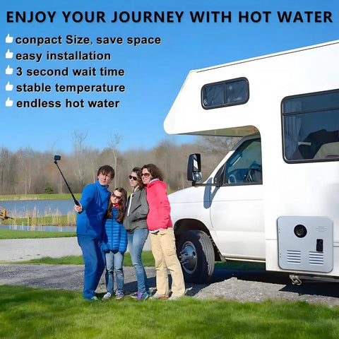 Road Ready 55000 BTU Propane Tankless Water Heater For Camper Delivers Instant Hot Showers Zero Wait Time near a RV with family.