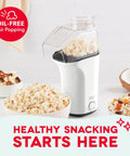 Fast 3 Minute Oil Free Hot Air Popcorn Maker 16 Cup Capacity Electric Popper Machine in white with popped popcorn.