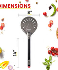 8 Inch Perforated Pizza Peel With Long Handle Aluminum Turning Peel, showing dimensions amid vegetables.