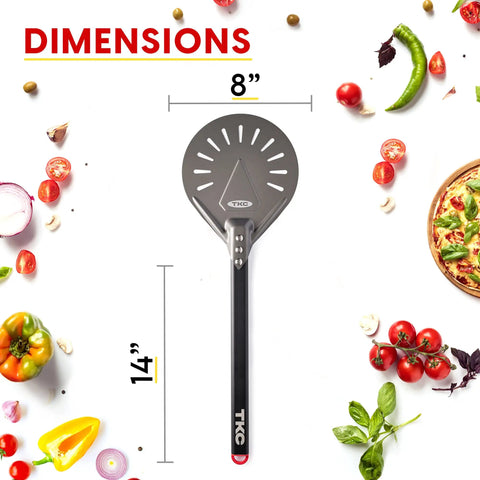 8 Inch Perforated Pizza Peel With Long Handle Aluminum Turning Peel, showing dimensions amid vegetables.