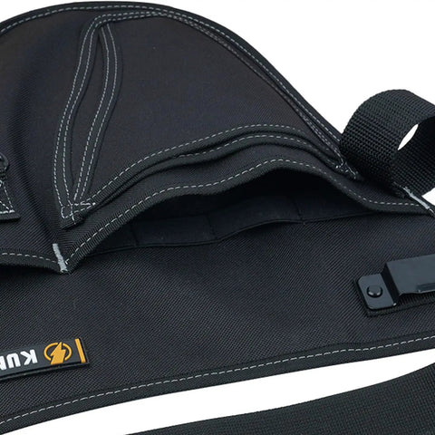 Close-up of Garden Tool Organizer Belt With Four Pockets Multi Purpose Work Apron Pouch for Gardening in black fabric.