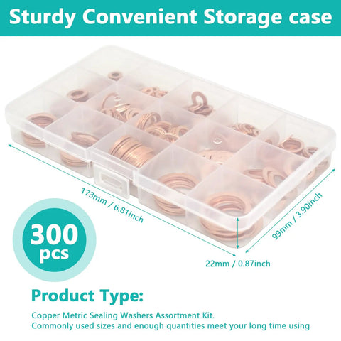 300Pcs Copper Flat Washers Sealing Washers Kit In 12 Sizes, Metric Crush Washers Set in transparent storage case