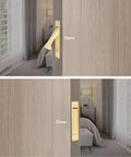 Pocket Door Passage Latch Set Satin Brass Square Handle Easy Install shows open and closed states on wooden sliding door