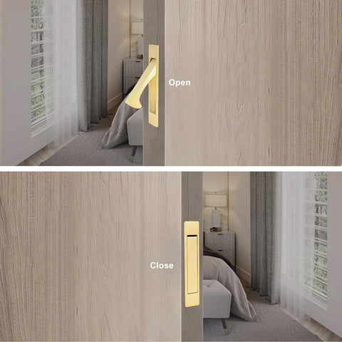 Pocket Door Passage Latch Set Satin Brass Square Handle Easy Install shows open and closed states on wooden sliding door