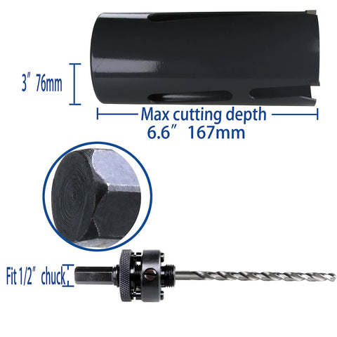 Carbide Tipped Hole Saw Cutter 3 inch 76mm Heavy Duty for Thick Wall and Roof Cutting up to 6.6 inch Deep with Arbor