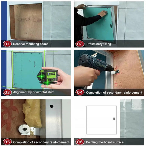 Installing No Fuss Drywall Access Panel 16X35 Inch Paintable Sheetrock Hatch in six steps for wall and ceiling. Heavy duty aluminum frame.