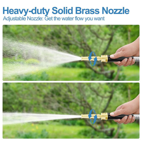 Garden hose, 50 ft, 304 stainless steel with solid brass nozzle and rubber grip; two-angle view showing water spray.