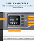 LCD display showing controls for Solar Powered Roll Up Chicken Coop Door With Light Sensor Timer Manual Mode 2500mAh Battery USB C Backup Aluminum Frame Anti Pinch For Chicken Coop Size 13.2 By 8.9 Inches