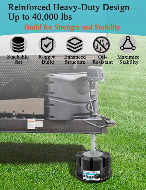 Heavy Duty 6 Inch Trailer Jack Blocks 4 Pack in black supporting a trailer, designed for stability up to 40,000 lbs.