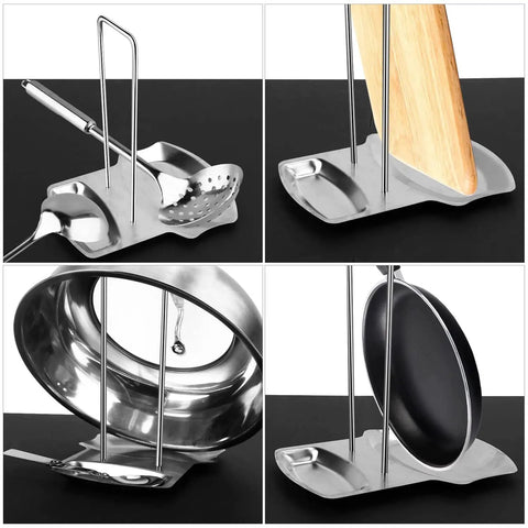 Heavy Duty Stainless Steel Pot Lid Holder And Integrated Spoon Rest Multipurpose Kitchen Utensil Caddy with spatula and pan