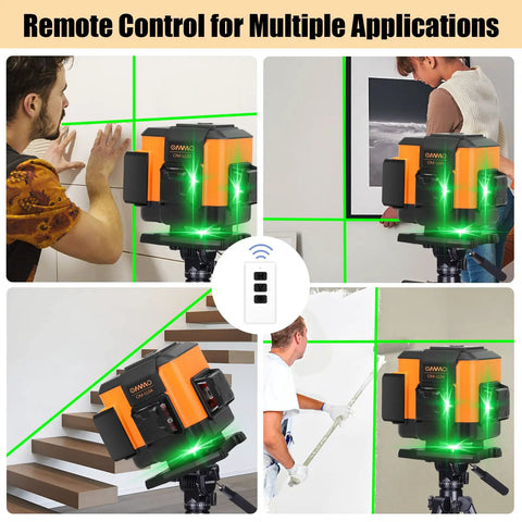 Green Laser Level Self Leveling Tool With 12 Line Lasers And 360 Degree Horizontal And Vertical Beams 150ft Range Cross Line Accuracy Wall Bracket And Remote Control For Fast Precise Room Layouts in use by different people for wall alignment and artwork levelling on stairs and walls, shown with green laser lines.