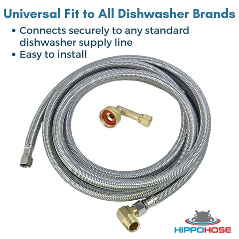 Universal Dishwasher Water Supply Hose Kit 10 Ft Braided Stainless Steel Line With Three Eighths Inch Compression Fittings Elbow