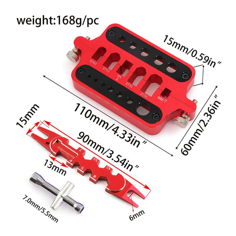Pro Grade RC Soldering Station Jig Fixture With Ball End Remover Plus Multifunction Hex Socket Wrench Designed For XT60 XT90 Banana Plug Connectors Hustle Ready Build, red aluminum jig displaying size and weight.