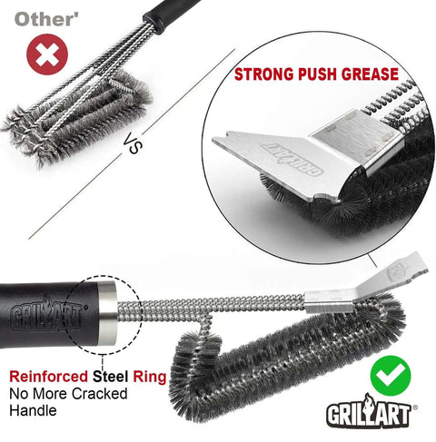 Comparison of Grill Boss Heavy Duty 18 Inch Stainless Steel Grill Brush And Scraper with a standard grill brush, showing strong push grease feature