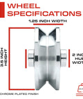 Side view of 3.5 Inch V Groove Wheel With Solid Steel Construction, Heavy Duty Inverted V Groove For Sliding Gates, chrome plated.