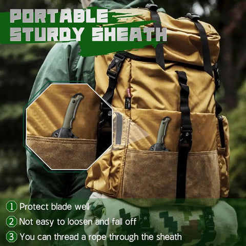 Backpack with Beast Fixed Blade Outdoor Knife With D2 Steel Blade And Toothed Spine, 15 Degree V Edge in sheath
