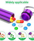 10 Pack Portable Aluminum Pill Case With Keychain showing opened, purple waterproof airtight metal mini box with pills