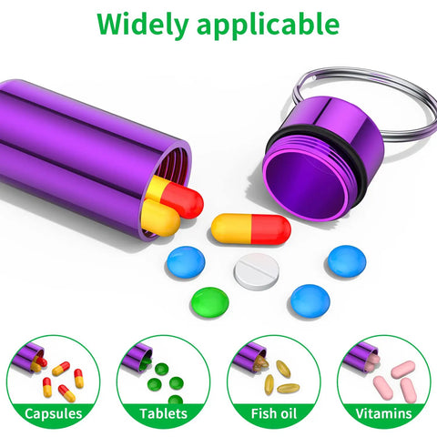 10 Pack Portable Aluminum Pill Case With Keychain showing opened, purple waterproof airtight metal mini box with pills